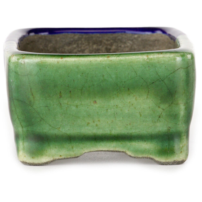 Pot à bonsaï rectangulaire vert et bleu par Terahata Satomi Mazan - 85 x 62 x 38 mm