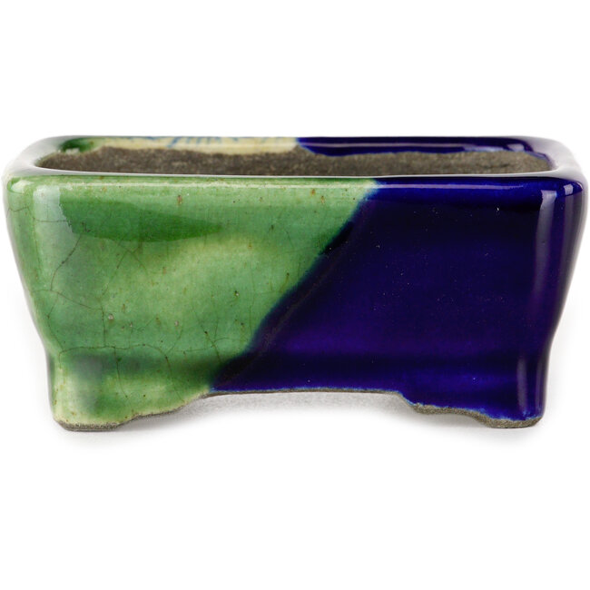 Rechthoekige groen en blauwe bonsaipot van Terahata Satomi Mazan - 85 x 62 x 38 mm