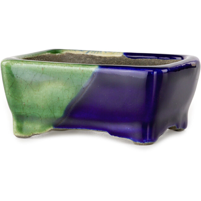 Pot à bonsaï rectangulaire vert et bleu par Terahata Satomi Mazan - 85 x 62 x 38 mm