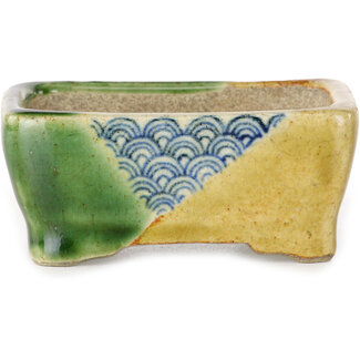  Satomi Mazan, Mazan Terahata Vaso bonsai rettangolare verde e giallo da 85 mm di Terahata Satomi Mazan, Tokoname, Giappone