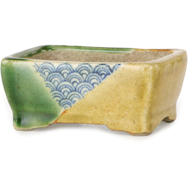 Pot à bonsaï rectangulaire vert et jaune par Terahata Satomi Mazan - 85 x 62 x 38 mm