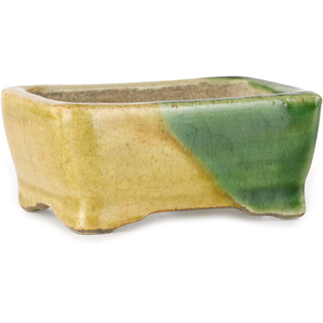 Pot à bonsaï rectangulaire vert et jaune par Terahata Satomi Mazan - 85 x 62 x 38 mm