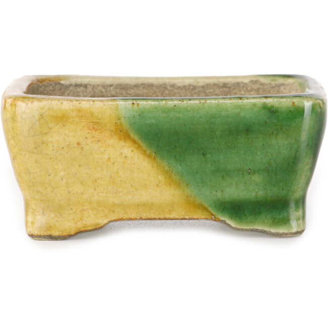 Maceta rectangular para bonsái verde y amarilla de Terahata Satomi Mazan - 85 x 62 x 38 mm