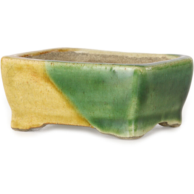 Pot à bonsaï rectangulaire vert et jaune par Terahata Satomi Mazan - 85 x 62 x 38 mm