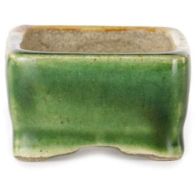 Rectangular green and yellow bonsai pot by Terahata Satomi Mazan - 85 x 62 x 38 mm