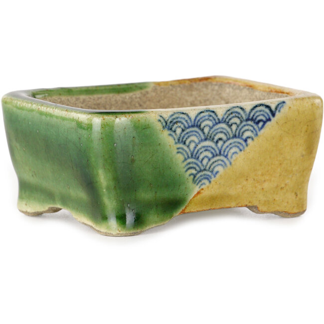 Rechteckiger grüner und gelber Bonsaitopf von Terahata Satomi Mazan – 85 x 62 x 38 mm