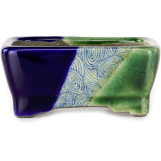  Satomi Mazan, Mazan Terahata 85 mm rectangular green and blue bonsai pot by Terahata Satomi Mazan, Tokoname, Japan