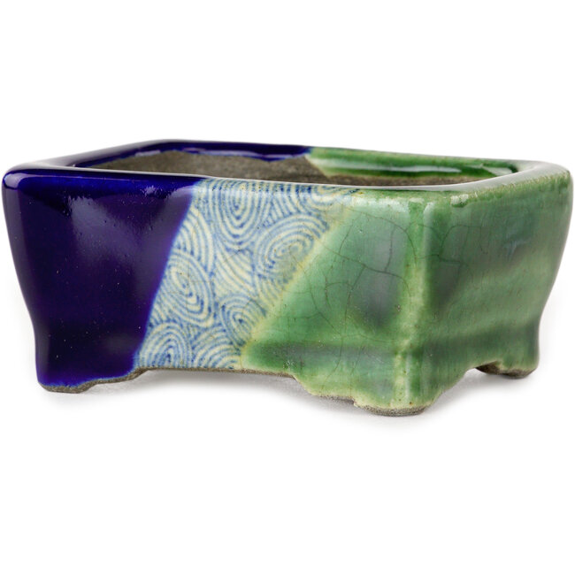 Rechthoekige groen en blauwe bonsaipot van Terahata Satomi Mazan - 85 x 62 x 38 mm