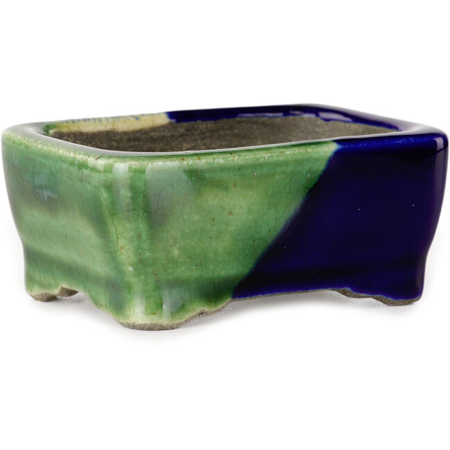Pot à bonsaï rectangulaire vert et bleu par Terahata Satomi Mazan - 85 x 62 x 38 mm