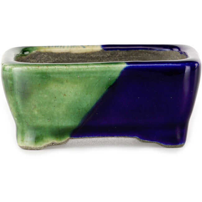 Rechthoekige groen en blauwe bonsaipot van Terahata Satomi Mazan - 85 x 62 x 38 mm