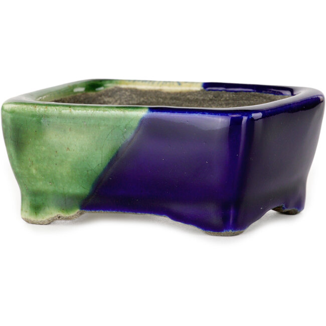 Rechteckiger grüner und blauer Bonsaitopf von Terahata Satomi Mazan – 85 x 62 x 38 mm