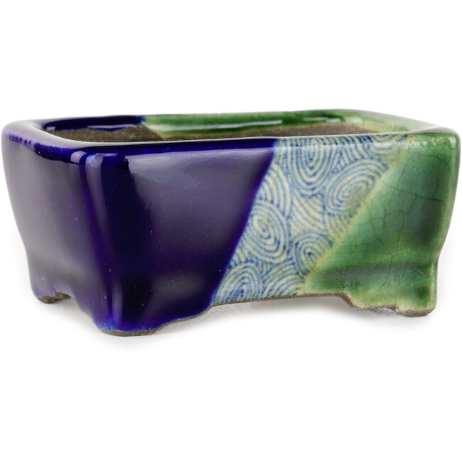 Vaso bonsai rettangolare verde e blu di Terahata Satomi Mazan - 85 x 62 x 38 mm