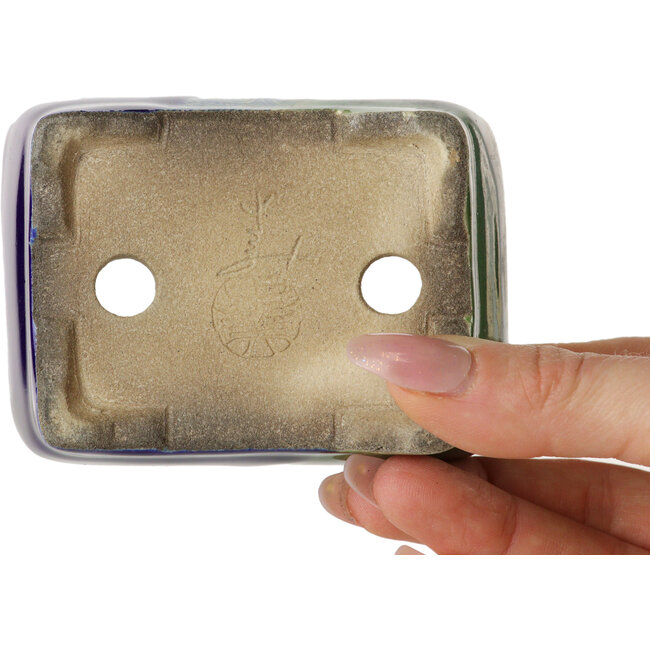 Rectangular green and blue bonsai pot by Terahata Satomi Mazan - 85 x 62 x 38 mm