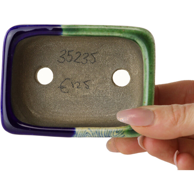 Rectangular green and blue bonsai pot by Terahata Satomi Mazan - 85 x 62 x 38 mm