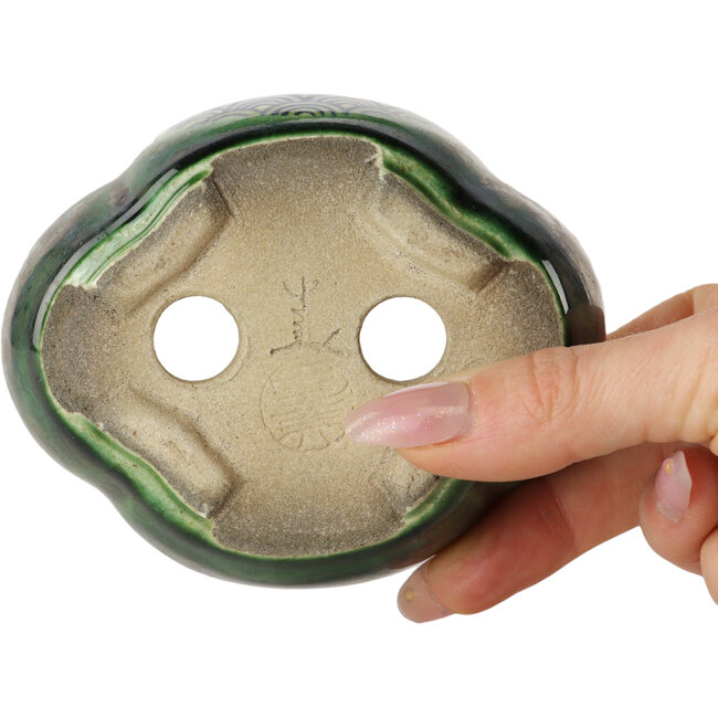 Mokko green bonsai pot by Terahata Satomi Mazan - 102 x 85 x 40 mm