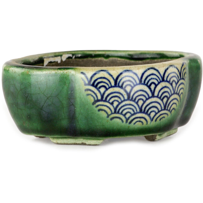 Mokko green bonsai pot by Terahata Satomi Mazan - 102 x 85 x 40 mm