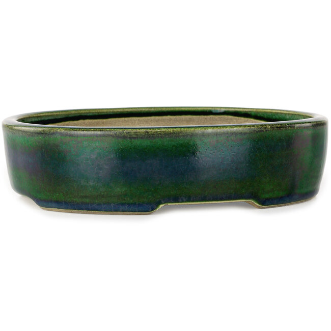 Oval green bonsai pot by Terahata Satomi Mazan - 222 x 175 x 52 mm