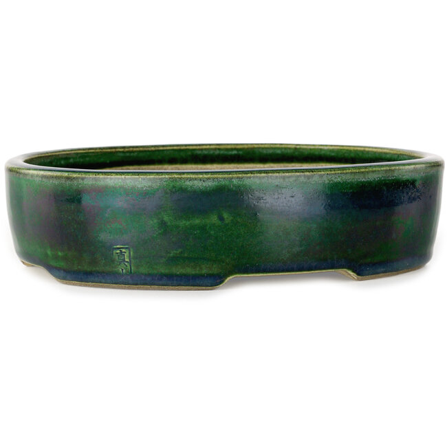Pot à bonsaï ovale vert par Terahata Satomi Mazan - 222 x 175 x 52 mm