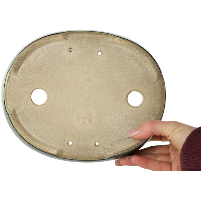 Ovaler grüner Bonsaitopf von Terahata Satomi Mazan – 222 x 175 x 52 mm