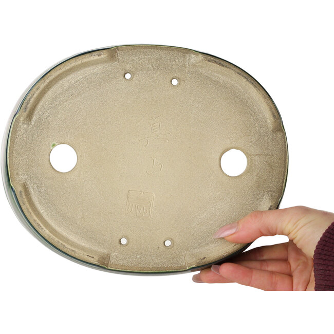 Ovaler grüner Bonsaitopf von Terahata Satomi Mazan – 222 x 175 x 52 mm