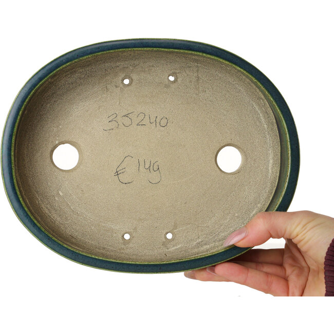 Oval green bonsai pot by Terahata Satomi Mazan - 222 x 175 x 52 mm