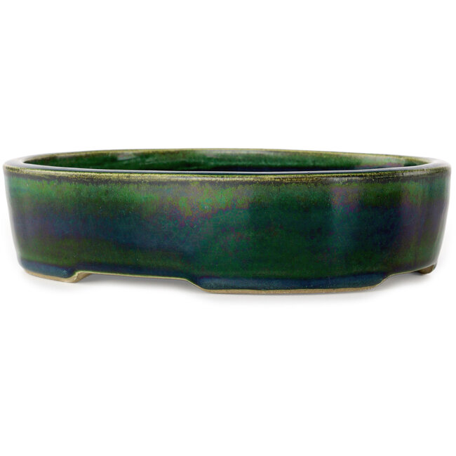Oval green bonsai pot by Terahata Satomi Mazan - 222 x 175 x 52 mm