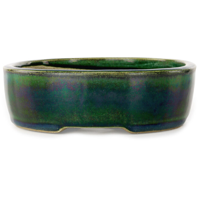 Oval green bonsai pot by Terahata Satomi Mazan - 222 x 175 x 52 mm