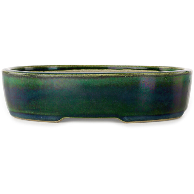 Oval green bonsai pot by Terahata Satomi Mazan - 222 x 175 x 52 mm