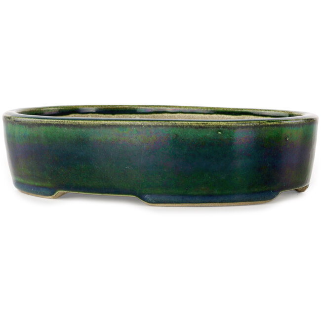 Oval green bonsai pot by Terahata Satomi Mazan - 222 x 175 x 52 mm