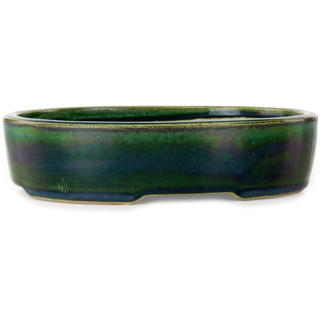 Oval green bonsai pot by Terahata Satomi Mazan - 222 x 175 x 52 mm