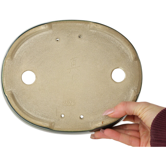 Oval green bonsai pot by Terahata Satomi Mazan - 222 x 175 x 52 mm