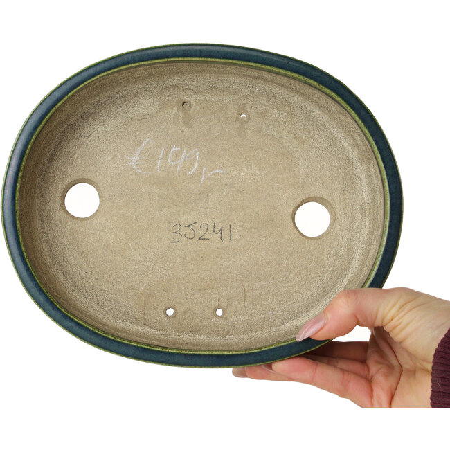 Oval green bonsai pot by Terahata Satomi Mazan - 222 x 175 x 52 mm