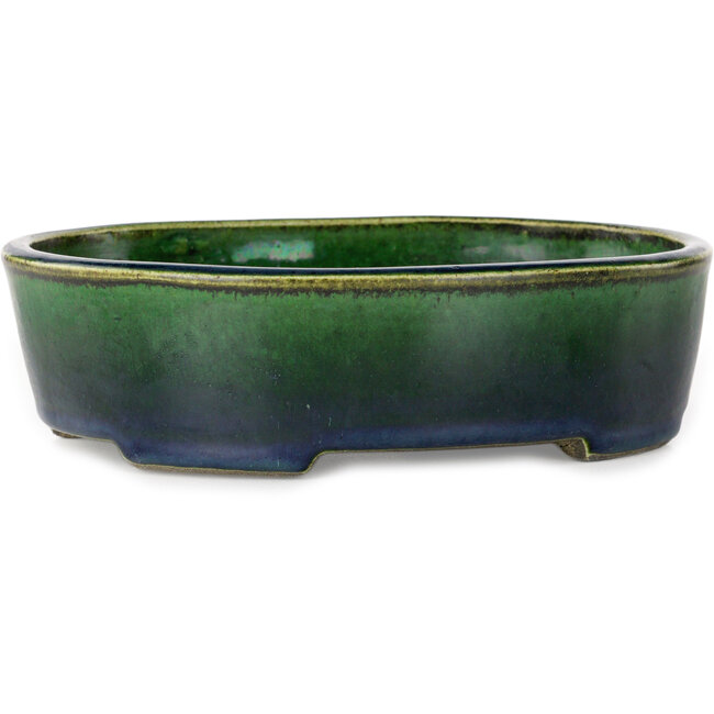 Pot à bonsaï ovale vert par Terahata Satomi Mazan - 192 x 160 x 55 mm