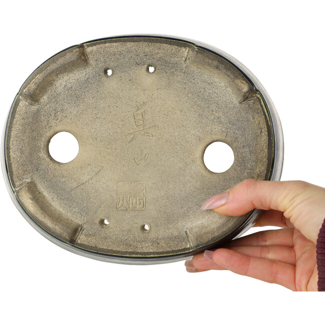 Pot à bonsaï ovale vert par Terahata Satomi Mazan - 192 x 160 x 55 mm