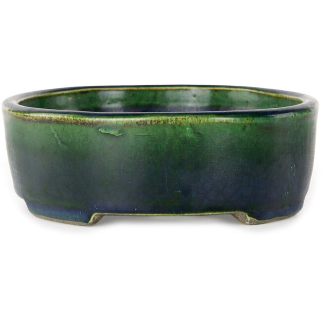 Oval green bonsai pot by Terahata Satomi Mazan - 192 x 160 x 55 mm