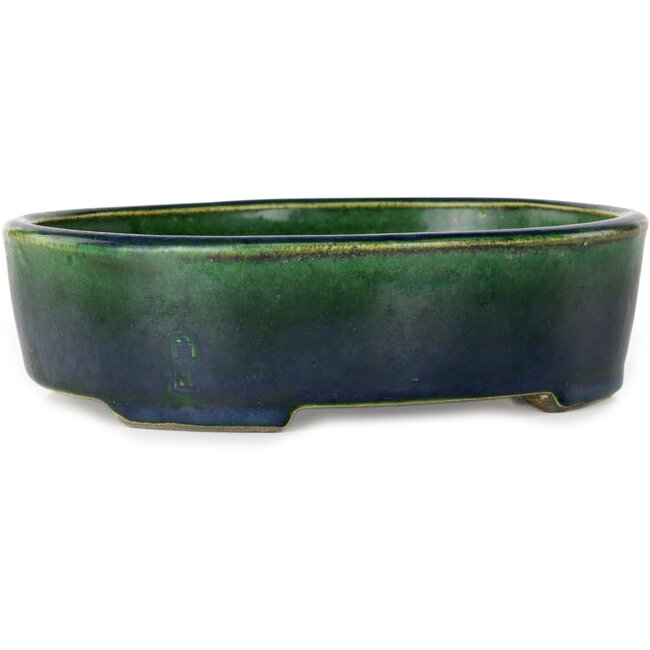 Oval green bonsai pot by Terahata Satomi Mazan - 192 x 160 x 55 mm