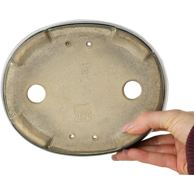 Oval green bonsai pot by Terahata Satomi Mazan - 192 x 160 x 55 mm