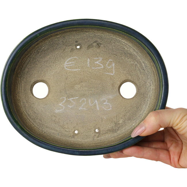 Pot à bonsaï ovale vert par Terahata Satomi Mazan - 192 x 160 x 55 mm