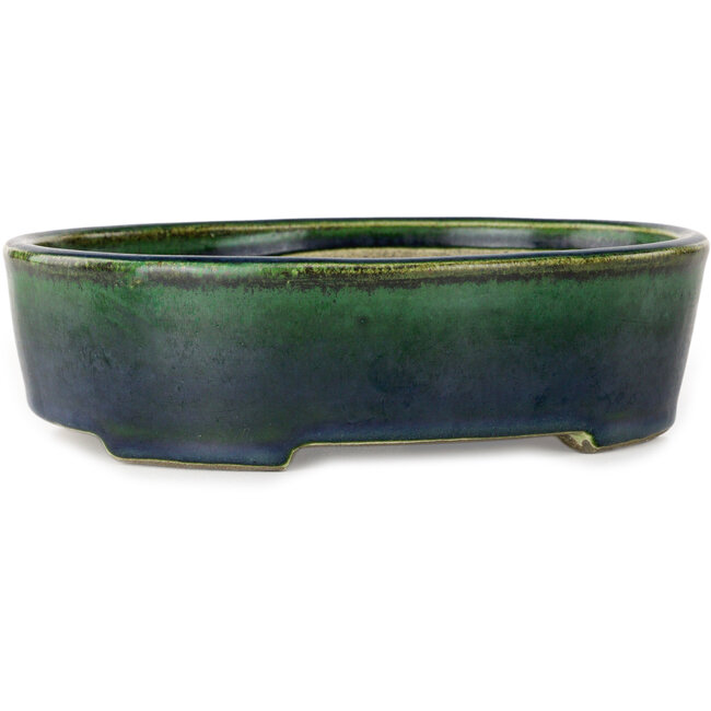 Oval green bonsai pot by Terahata Satomi Mazan - 192 x 160 x 55 mm