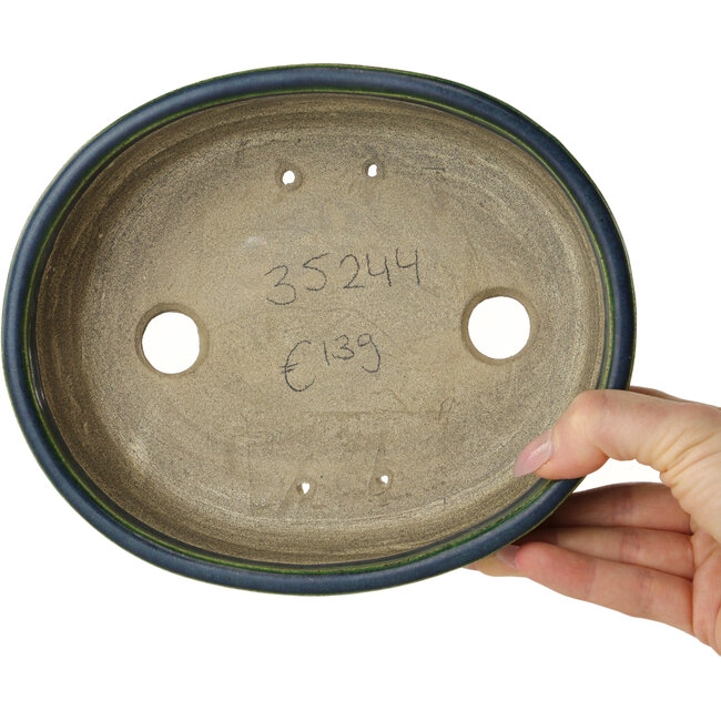 Pot à bonsaï ovale vert par Terahata Satomi Mazan - 192 x 160 x 55 mm