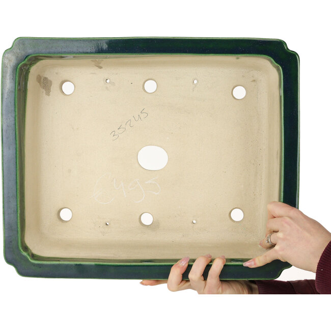 Pot à bonsaï rectangulaire vert par Terahata Satomi Mazan - 430 x 352 x 113 mm