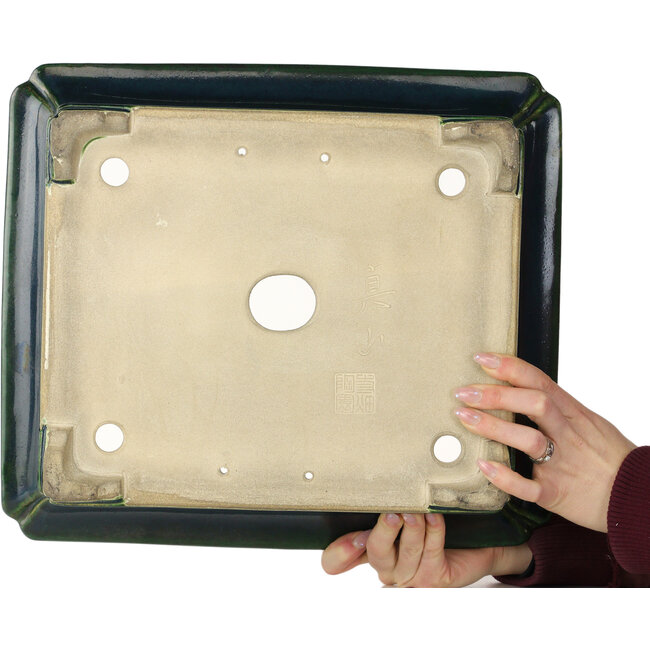 Rechthoekige groene bonsaipot van Terahata Satomi Mazan - 400 x 345 x 110 mm