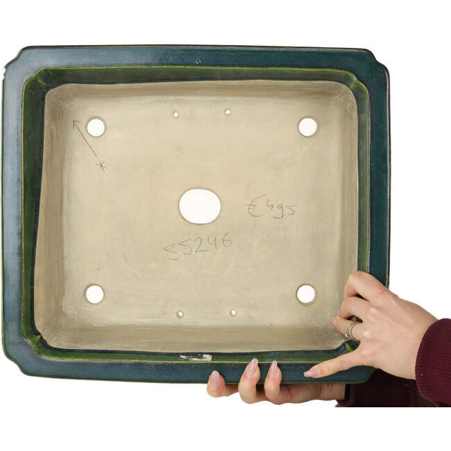 Pot à bonsaï vert rectangulaire par Terahata Satomi Mazan - 400 x 345 x 110 mm