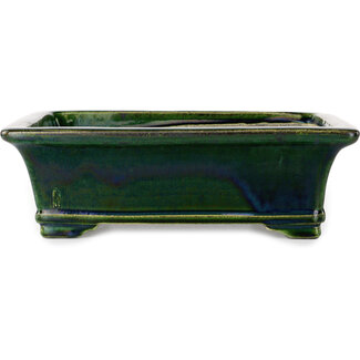  Satomi Mazan, Mazan Terahata 278 mm rectangular green bonsai pot by Terahata Satomi Mazan, Tokoname, Japan