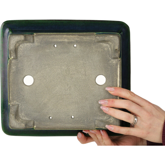 Rectangular green bonsai pot by Terahata Satomi Mazan - 278 x 245 x 90 mm