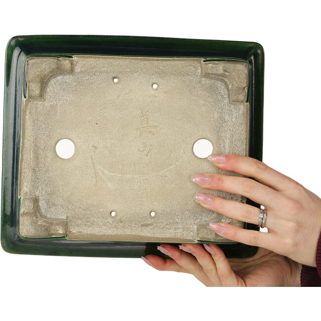 Rectangular green bonsai pot by Terahata Satomi Mazan - 278 x 245 x 90 mm