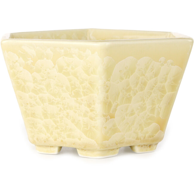 Hexagonal off-white, crystal glaze bonsai pot by Heian Senzan - 140 x 140 x 75 mm