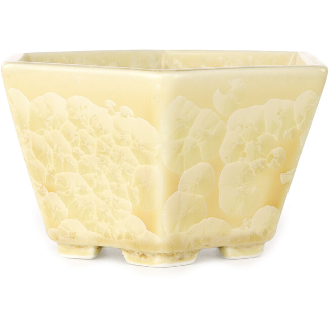 Hexagonal off-white, crystal glaze bonsai pot by Heian Senzan - 140 x 140 x 75 mm