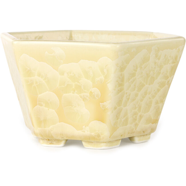 Hexagonal off-white, crystal glaze bonsai pot by Heian Senzan - 140 x 140 x 75 mm