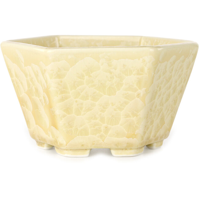 Hexagonal off-white, crystal glaze bonsai pot by Heian Senzan - 140 x 140 x 75 mm
